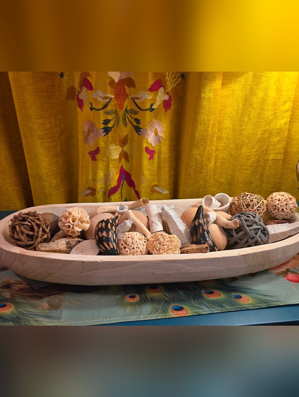 Large Decorative Wooden Dough Bowl Tray with Assorted Natural Accents